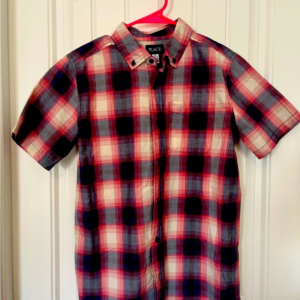 Plaid Short Sleeve Shirt - Red and Blue
